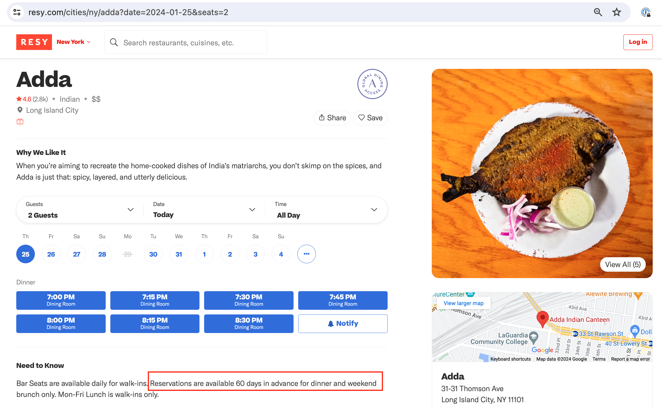 Adda's Resy page showing reservations available 60 days in advance