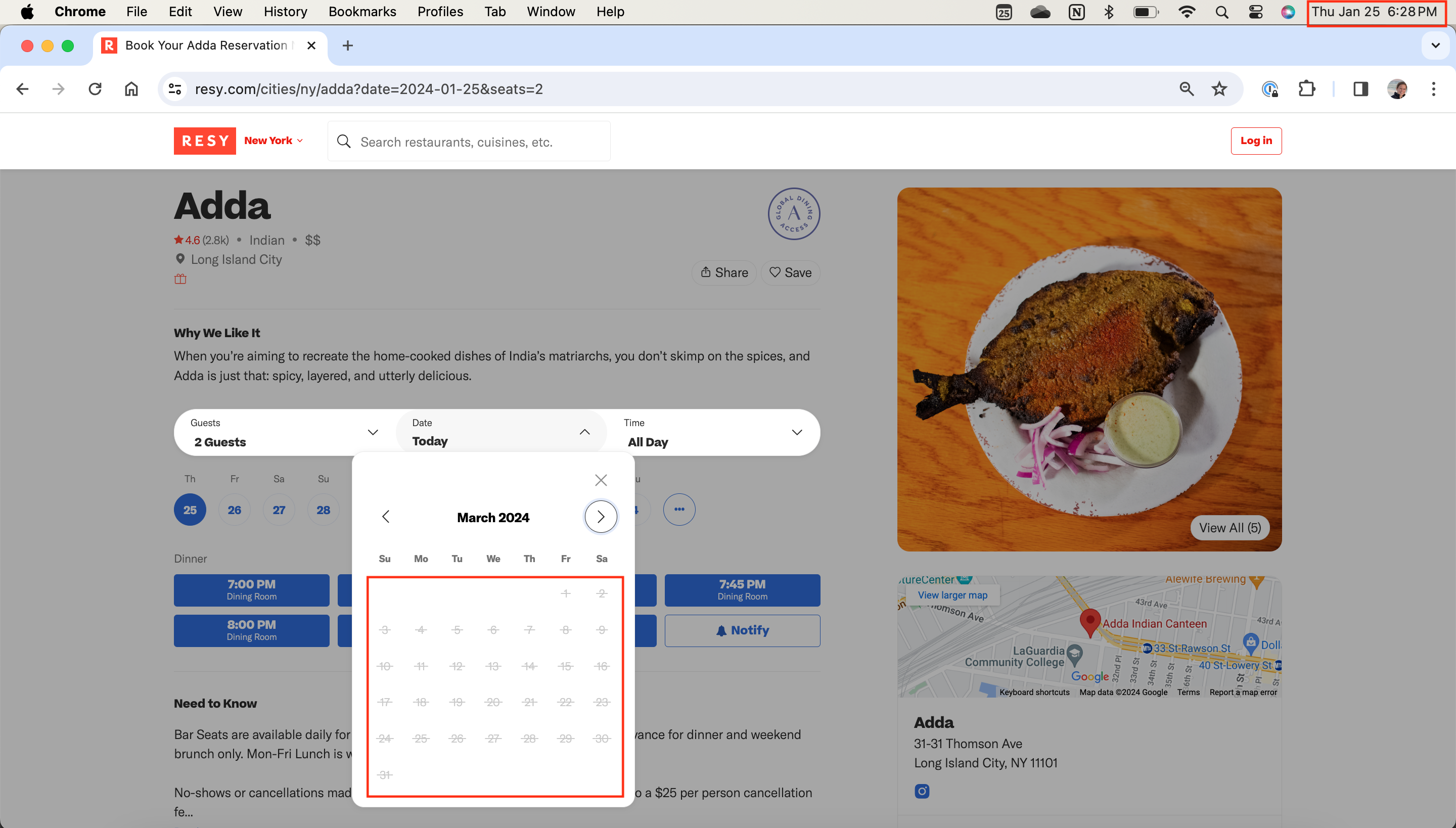Adda's Resy page showing reservations not available in March 