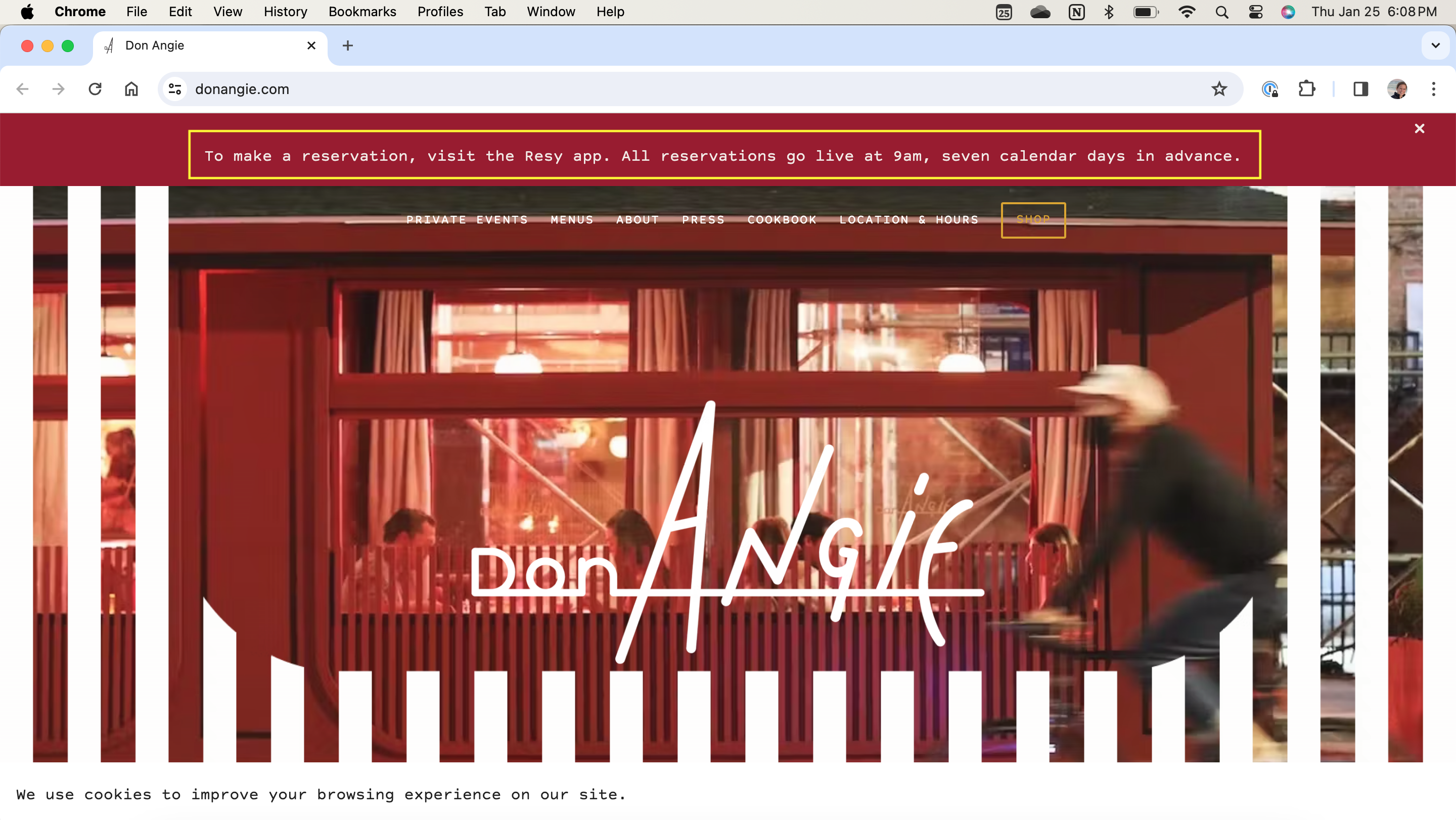 Don Angie website banner: reservations open 7 days in advance