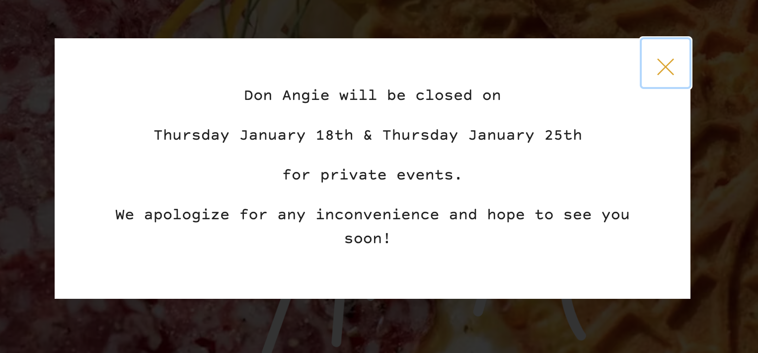 Don Angie event closure website popup